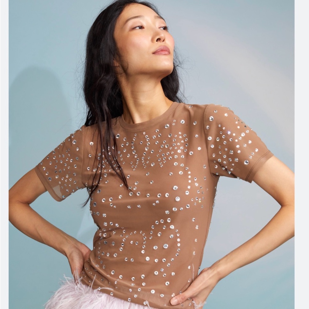 Cynthia Rowley Brown Embellished Tee